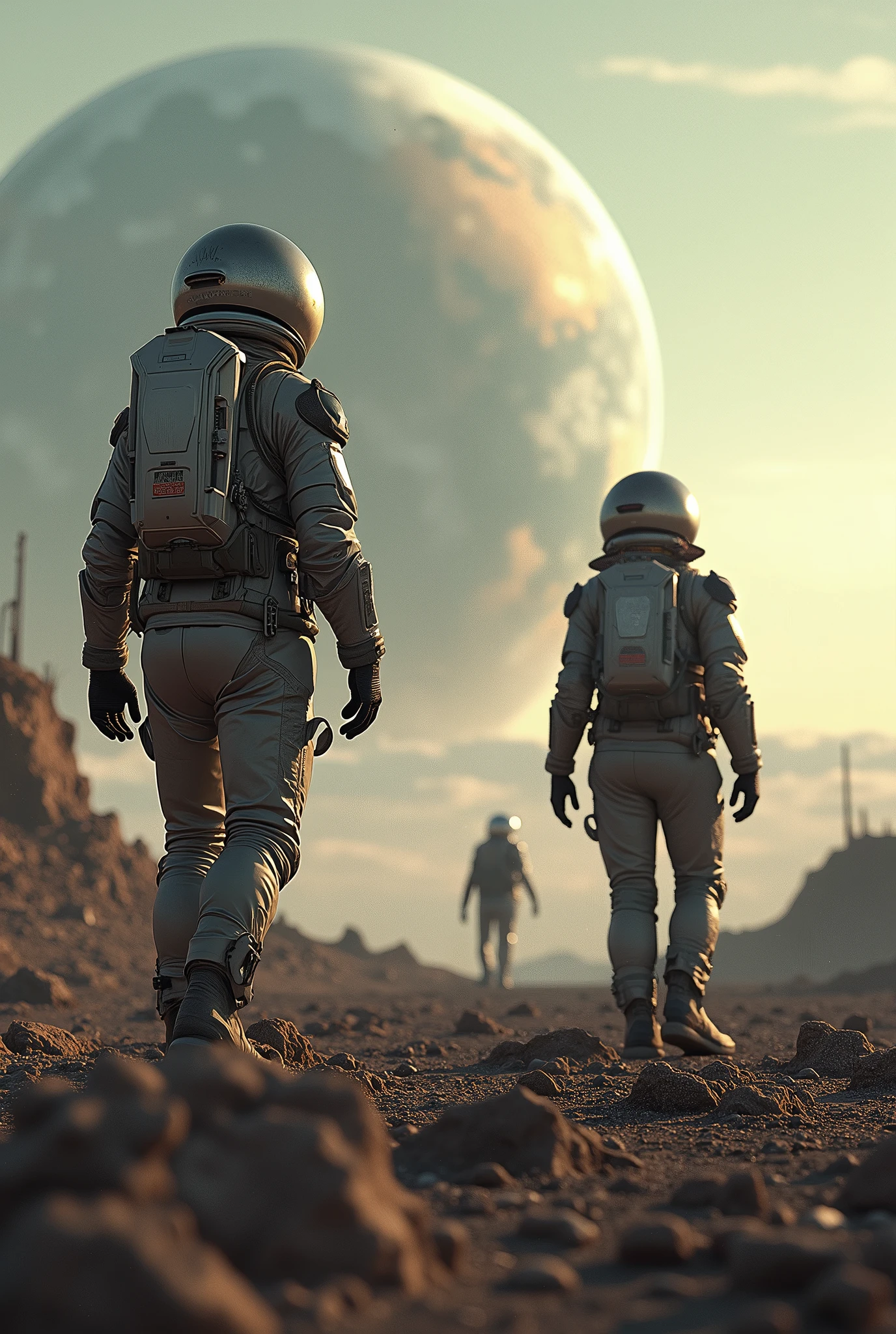 Astronauts arriving from space to planet Earth in a spaceship, an uninhabitable planet earth, in a futuristic style
