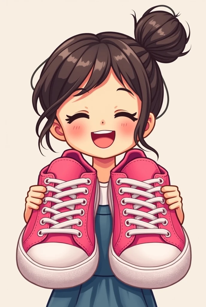 Girl holding her big pink shoes sneakers  happy (cartoon)  (ONE bun hair) close up 1D only no shadow