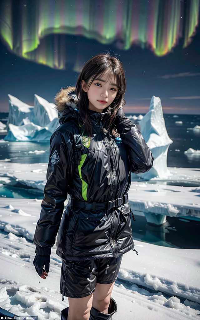 "Create a hyper-realistic digital painting of an explorer in advanced cold-weather gear standing at the edge of a vast Antarctic ice shelf. In the foreground, partially exposed from the ice, is an ancient, otherworldly artifact that seems to pulse with a faint magical energy. The sky should be a dramatic mix of aurora australis and strange, unexplainable light phenomena. Pay careful attention to the texture of the ice, the reflection of the magical lights on the explorer's protective visor, and the contrast between the modern equipment and the ancient magical relic. The overall atmosphere should balance the harsh reality of the Antarctic environment with a sense of wonder and hidden magical history."