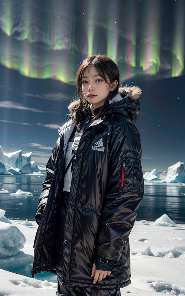 "Create a hyper-realistic digital painting of an explorer in advanced cold-weather gear standing at the edge of a vast Antarctic ice shelf. In the foreground, partially exposed from the ice, is an ancient, otherworldly artifact that seems to pulse with a faint magical energy. The sky should be a dramatic mix of aurora australis and strange, unexplainable light phenomena. Pay careful attention to the texture of the ice, the reflection of the magical lights on the explorer's protective visor, and the contrast between the modern equipment and the ancient magical relic. The overall atmosphere should balance the harsh reality of the Antarctic environment with a sense of wonder and hidden magical history."