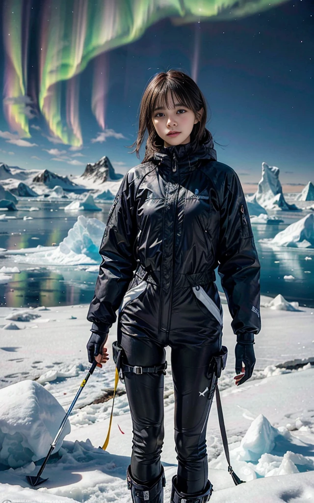 "Create a hyper-realistic digital painting of an explorer in advanced cold-weather gear standing at the edge of a vast Antarctic ice shelf. In the foreground, partially exposed from the ice, is an ancient, otherworldly artifact that seems to pulse with a faint magical energy. The sky should be a dramatic mix of aurora australis and strange, unexplainable light phenomena. Pay careful attention to the texture of the ice, the reflection of the magical lights on the explorer's protective visor, and the contrast between the modern equipment and the ancient magical relic. The overall atmosphere should balance the harsh reality of the Antarctic environment with a sense of wonder and hidden magical history."