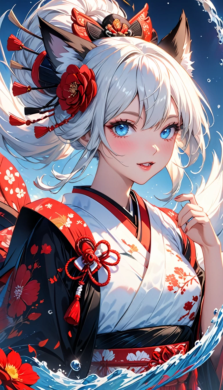 Ink painting, (((1 girl))), (((Tattoo in the middle of the forehead))),(((In the background is the Akatsuki moon))), (((Oiran))), (((Great hair accessories))), Demon possession, ((Masterpiece:1.2)), ((Highest quality)), Extremely detailed and delicate illustration style, Detailed leather texture, Detailed canvas texture, Very detailed description, (Masterpiece T), Extremely beautiful illustration, Highly detailed face, Raw image, professional, Ultra-high resolution panel, Complex details, Superior detail, Intricate decoration details, Perfect ???????, real, (Very beautiful and cute black and white colored fox woman or girl with blue eyes wearing kimono), ((آذان الثعلب black hair, White hair, multicolor, the beautiful)), (Beautiful black and white colored fox tail), (black hair, White evil, Beautiful and shiny), (((She has claws on her hands.))), (((She has long fangs.))), (Beautiful and clear blue eyes), (Beautiful detailed eyes:1.6), (Traditional black and white detailed costume), Front view, White flower kimono, Black white colorful hakama long skirt, A maxi skirt, Modestly dressed, He smiles, ((Standing and looking at me)), ((The day)), (Extremely detailed and beautiful Japanese temple construction), (8K Highest quality wallpaper), (Extremely detailed and delicate background). girl swimming underwater,Very detailed presentation style,It shines,Red Rose,light blue,brushwork,Ultra Realistic Oil Painting,Bright eyes,Head up close,Exaggerated perspective,Tyndall effect,drop of water,rainbow pearl,3d white,black background,
