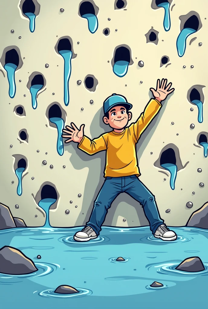A cartoon representation. There are lots of holes in a wall from where water is leaking, a person is stopping them with his hands legs and head. The wall represents company, leaks represent defects and person is the quality checker. Aim to visualise the message where quality checkers stops the defects from moving forward. Also show him stopping flow with his both hands and legs and also his body like a protector from some holes but still there is leakage from some holes.