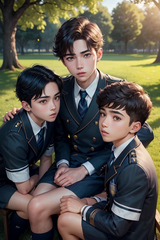 a group of three young boys in school uniform sitting in a park, detailed realistic portrait, beautiful detailed eyes, beautiful detailed lips, extremely detailed face and skin, detailed school uniform, detailed grass and trees, cinematic lighting, warm color tones, photorealistic, 8k, high quality, detailed background, hyper realistic, masterpiece