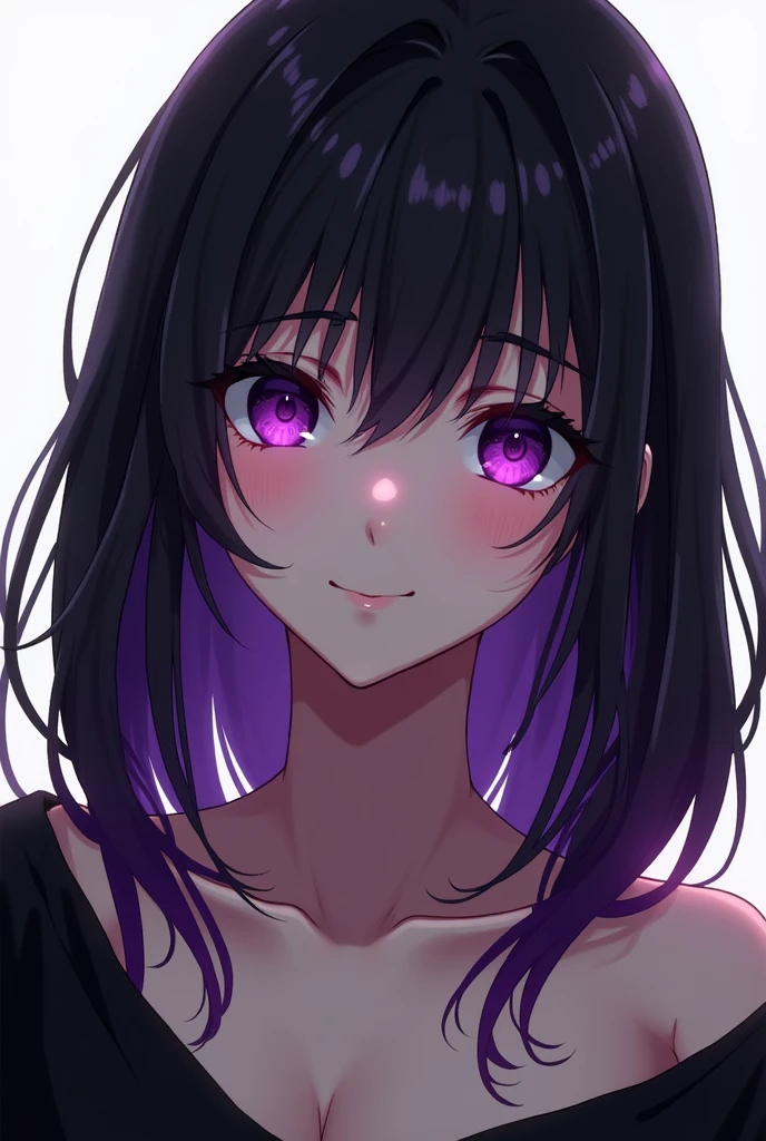 She has waist-length black hair with purple gradation at the ends, both eyes are purple, she has a mysterious aura and is smiling, and her illustration is anime-style.