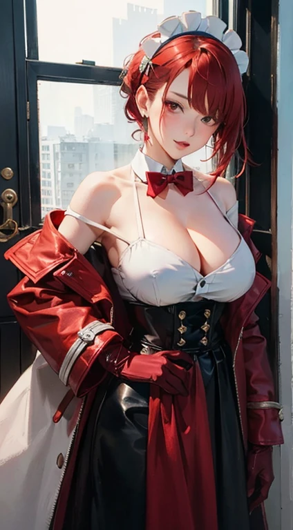 highres, best_quality, side swept bangs, 1girl, white top, cleavage, large breasts,maid headdress, maid apron, naked apron, nsfw,red hair, red eyes, hair ornament, ponytail, earrings, white halter, red bowtie, high-waist skirt, black skirt, two-tone coat, red coat, white coat, off shoulder, two-tone gloves, black gloves, red gloves, red pantyhose