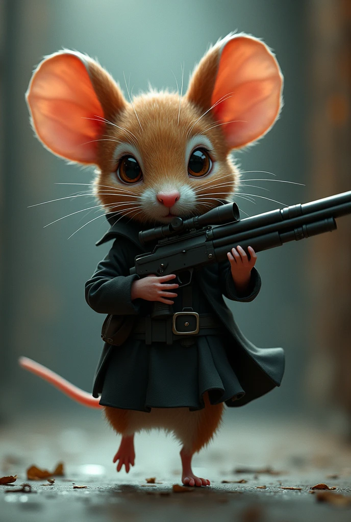 Mouse walkin in stylish way with shoulder dress and with sniper looking