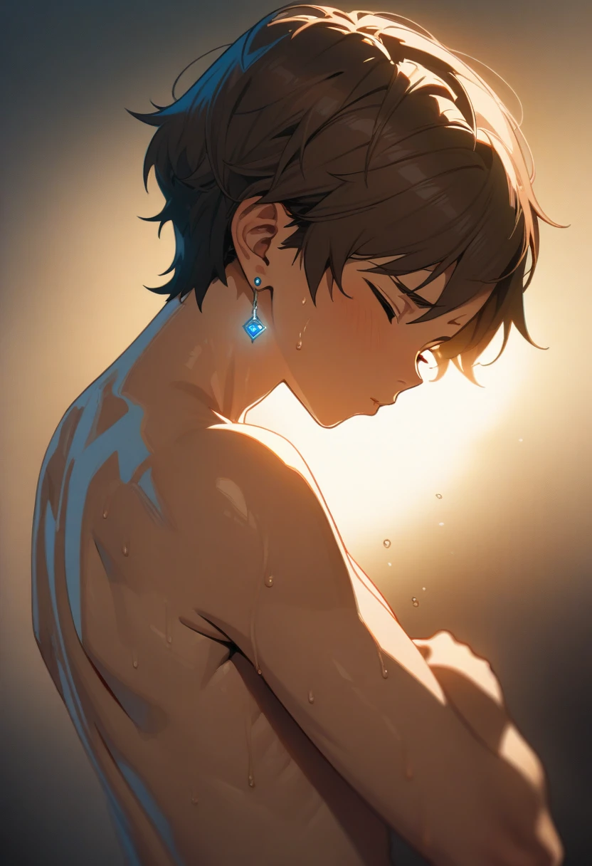 nsfw, masterpiece, best quality, extremely detailed, ultra detailed, flat anime, 2D, 1boy, man, solo, brown hair, blue eyes,Height 180cm, 15 yeas old, Unadorned earrings, ((nude)), upper body,Back Light, simple background,looking down, sweat, ((dynamic)),(kiss:1.5),from side,(eyes closed:2),