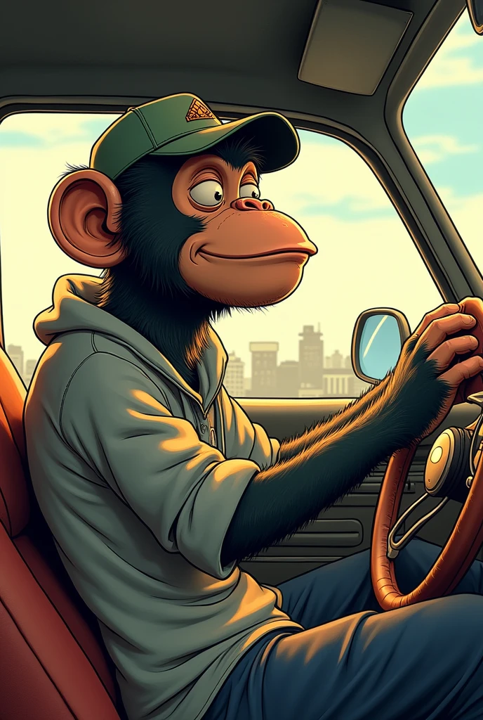 Animated ey in a car with a cap backwards in a 2d Gorillaz-type cartoon style and more adult seen from further away and in profile