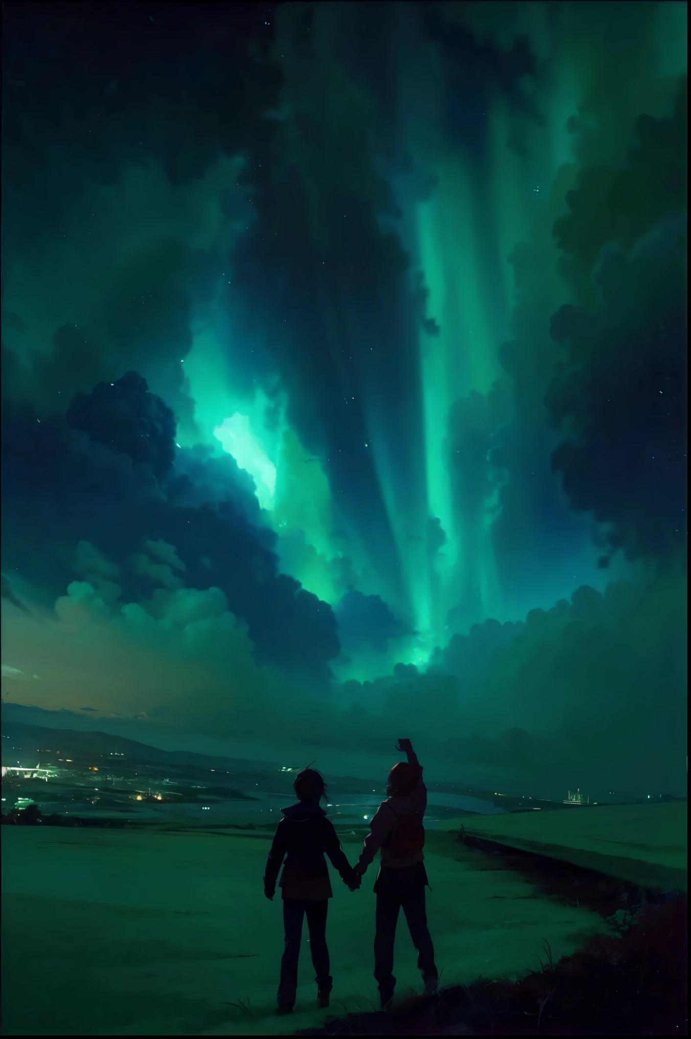 Masterpiece, high quality, anime, couple, beautiful sky, cinematic scene, realistic shade, anime