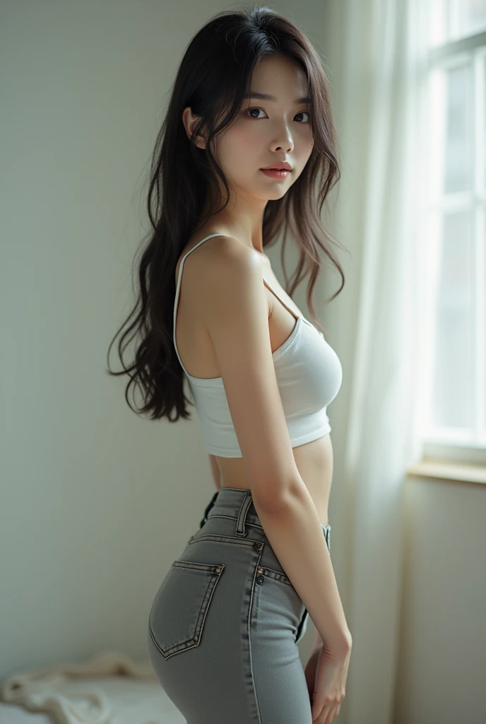 Japanese girl wearing gray leggings