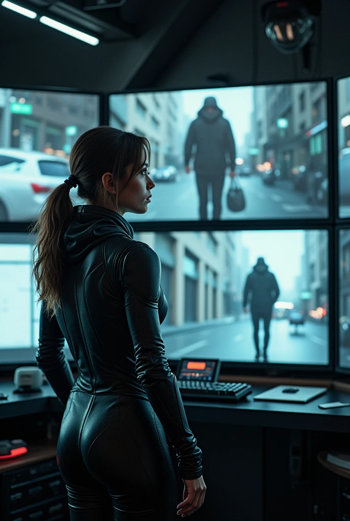 A young woman wearing armor bodysuit in a futuristic, high-tech room, sitting at a desk covered with multiple monitors. She's intently focused on one screen, which displays a surveillance video of a man in a hoodie walking down a busy street. The man's face is obscured by the hood.
Title: Shadow Stalker
Tagline: "Hunting the unseen."
The room should have a sleek, futuristic design, with lots of gadgets and screens.
The woman should have a determined expression, suggesting her dedication to tracking down the criminal.
The surveillance footage should be grainy and low-resolution, emphasizing the difficulty of identifying the man.
Consider adding elements of suspense, such as shadows, flickering lights, or a sense of impending danger.