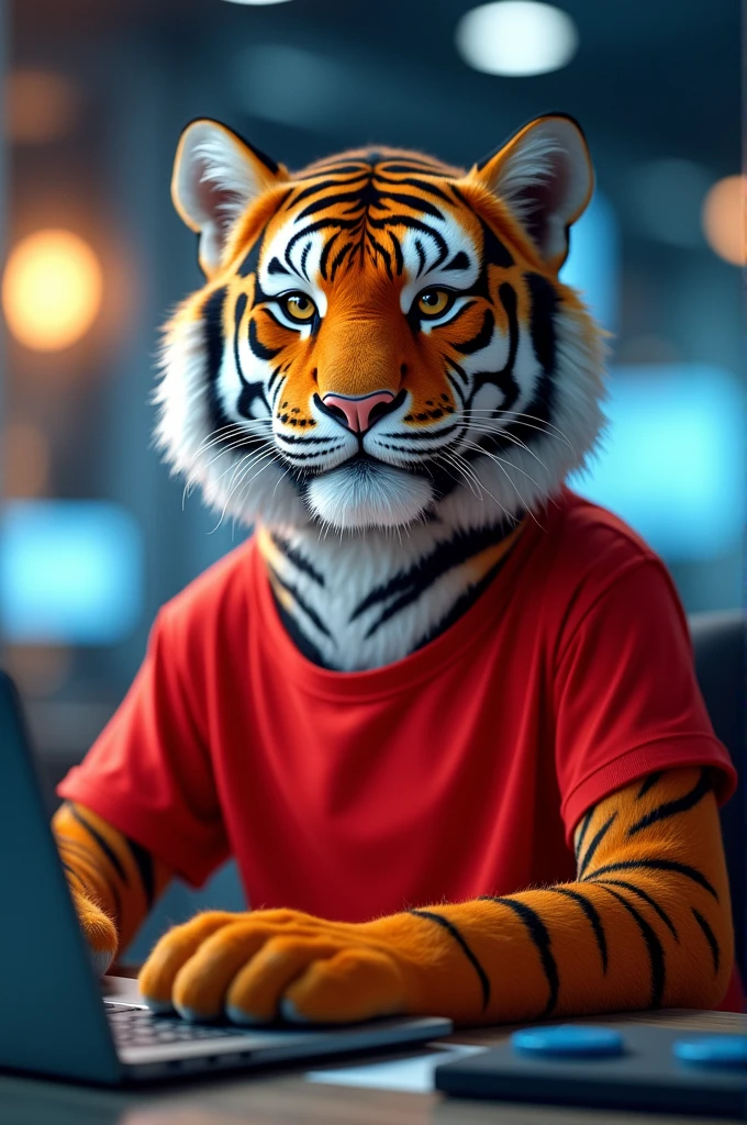 Zootopia cartoon, furry tiger DJ Stripes, tall, slender, handsome, extremely beautiful and cute face, muscular body, gentle look, wears red t-shirt, red cap with inscription prance, two gold chains, sits as a member of the jury, sexy, hot, watching videos on tablet, cute smile