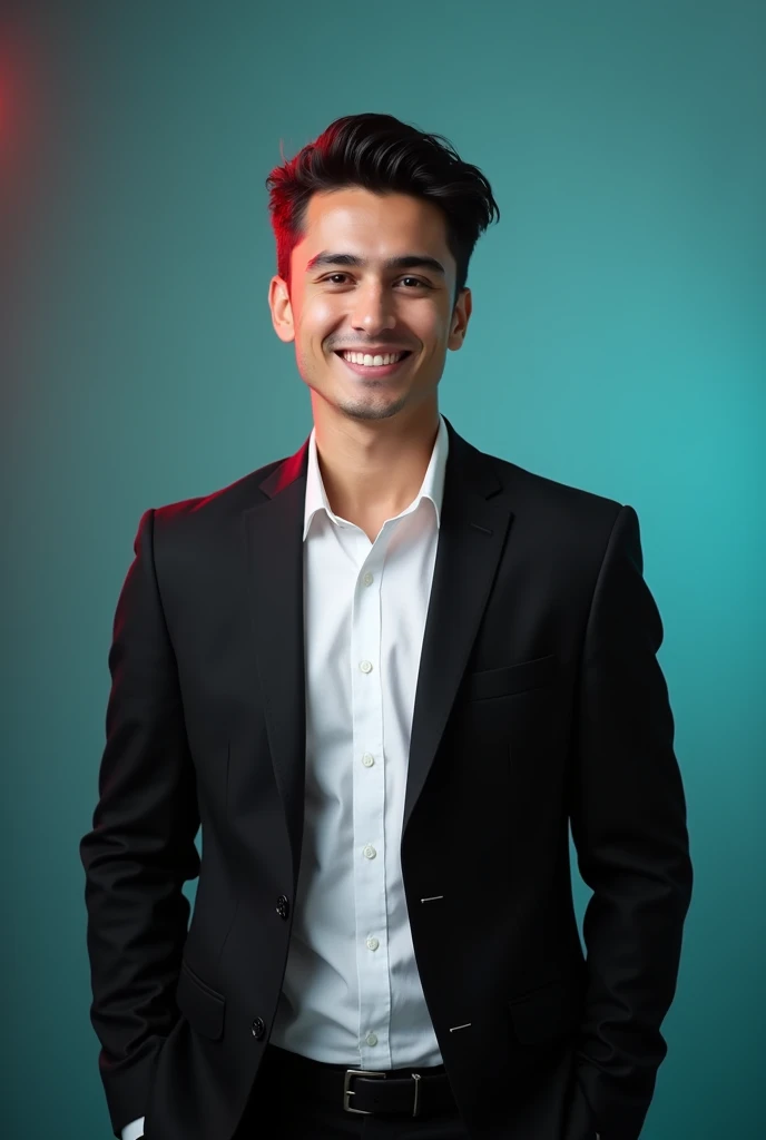 A young man with dark hair and a confident smile. He is dressed in a black blazer over a white shirt.The man is positioned Against Aqua colour backdrop with a subtle red lighting on the left side. And he posting for LinkedIn profile