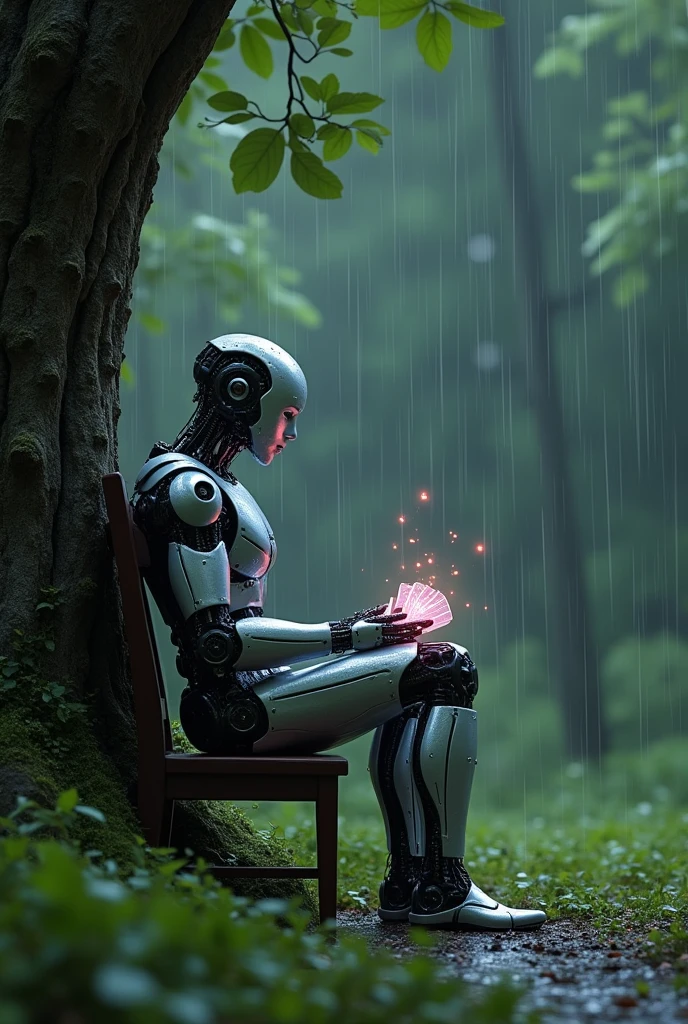 Ai sitting on chair behind tree with some super stick cards and raining