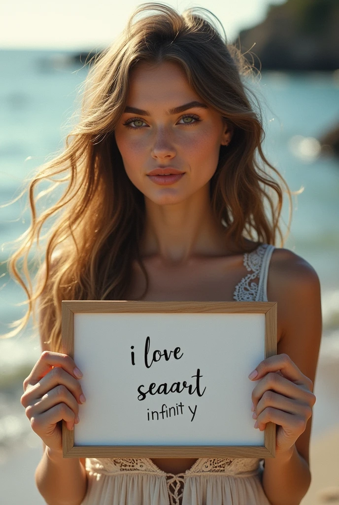 Beautiful girl with wavy long hair, bohemian dress, holding a white board with text "I Love Seaart Infinity" and showing it to the viewer