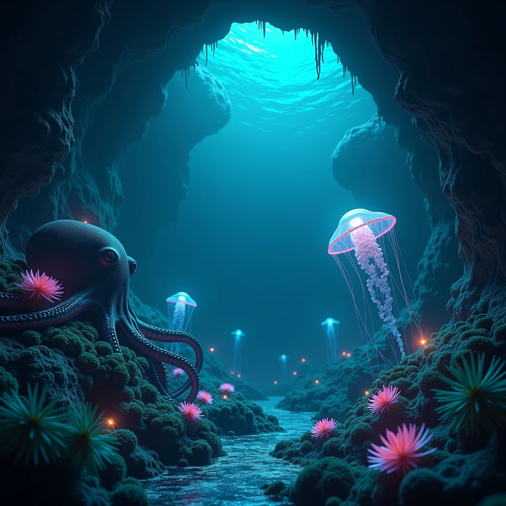 a mysterious hidden world, underwater world, deep sea creature, bioluminescent creatures, glowing creatures, otherworldly landscape, ethereal atmosphere, dark and moody, dramatic lighting, hyper-realistic, cinematic, award-winning digital art, octopus, jellyfish, anemone, coral reef, sea floor, blue and green color palette, dramatic shadows, moody lighting, photorealistic, highly detailed, intricate details, 8k, best quality