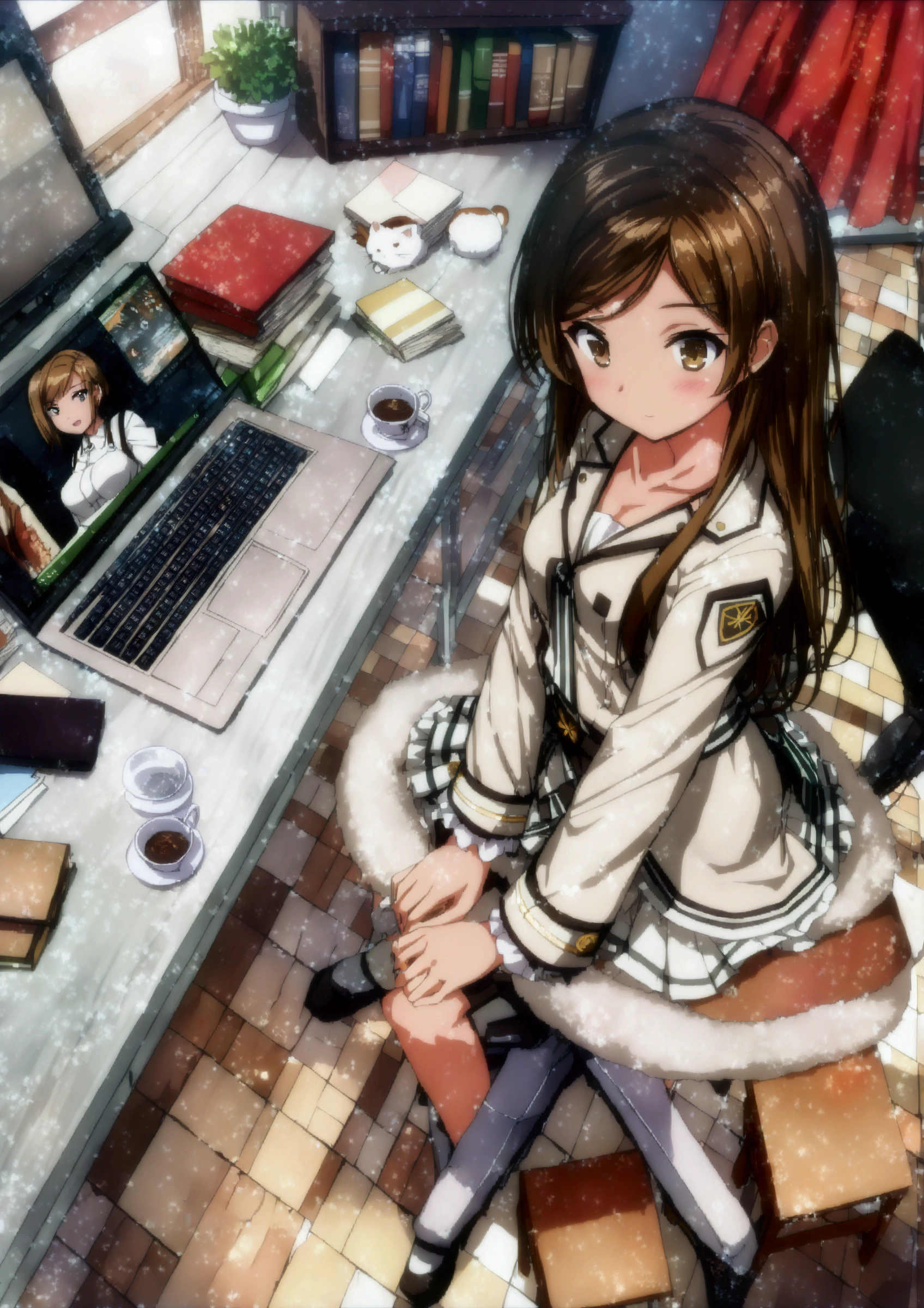 1 anime girl sitting in front of a computer desk with a cat on the desk, from girls frontline, fine details. girls frontline universe, girls frontline style, girls frontline cg,  kantai collection style, by Akihiko Yoshida, yayoi kasuma, female protagonist 👀 :8, (hair swept bangs:1.3), (long brown hair:1.3), anime moe artstyle, digital anime illustration, digital anime art!!, (anime girl), sitting at a computer, kantai collection style, visual novel cg, young anime girl, anime girl desktop background, in anime style, on a desk, at pixiv, cyber school girl