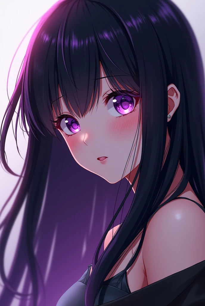 Her hair is black with purple gradation at the ends and reaches down to her waist.、Straight eyes, purple eyes, mysterious aura, smiling, anime style