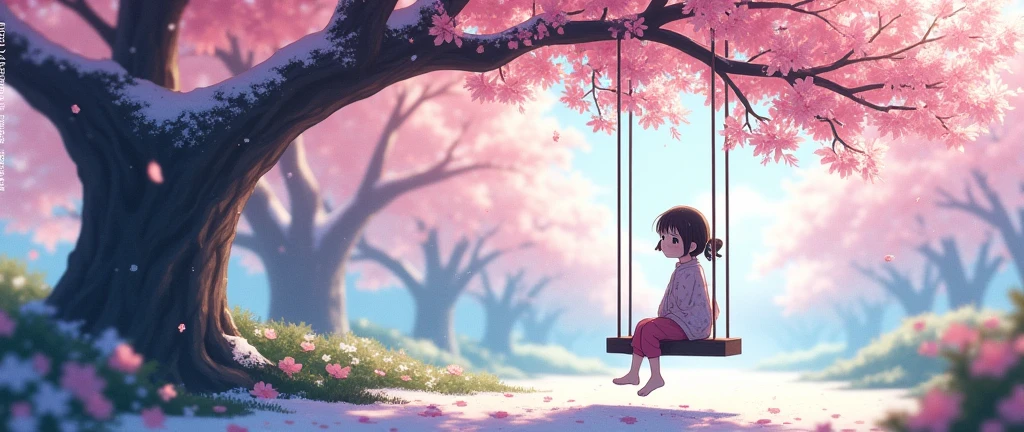 "Create a beautiful anime-style image of a young girl sitting on a swing under a cherry blossom tree, with snowflakes gently falling around. The scene should be in a Japanese aesthetic, showcasing delicate and vibrant colors, with the cherry blossoms in full bloom and the snowfall adding a serene, magical atmosphere."