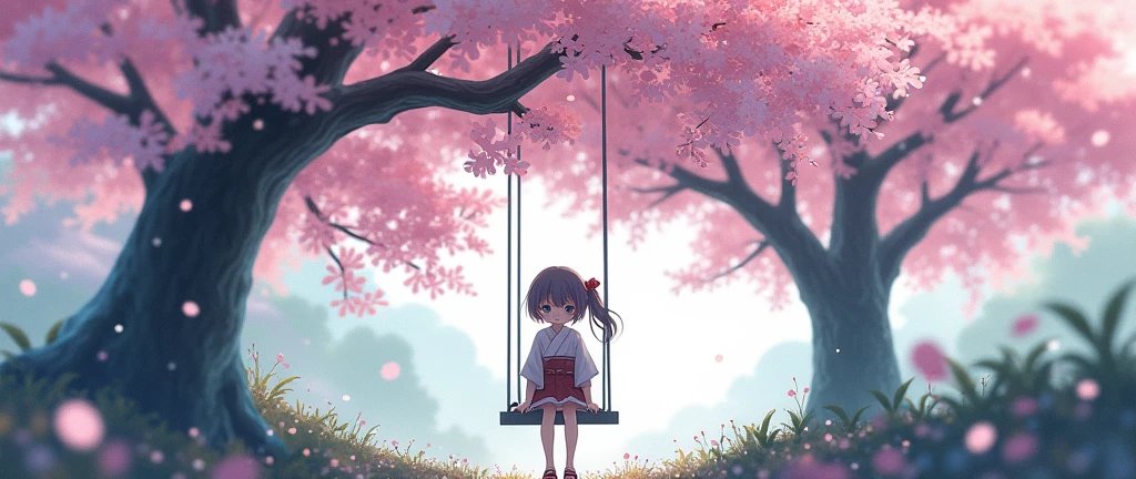"Create a beautiful anime-style image of a young girl sitting on a swing under a cherry blossom tree, with snowflakes gently falling around. The scene should be in a Japanese aesthetic, showcasing delicate and vibrant colors, with the cherry blossoms in full bloom and the snowfall adding a serene, magical atmosphere."