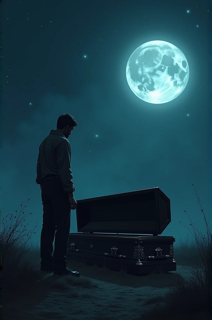 Man selling In his girlfriend coffin under the moon and stars