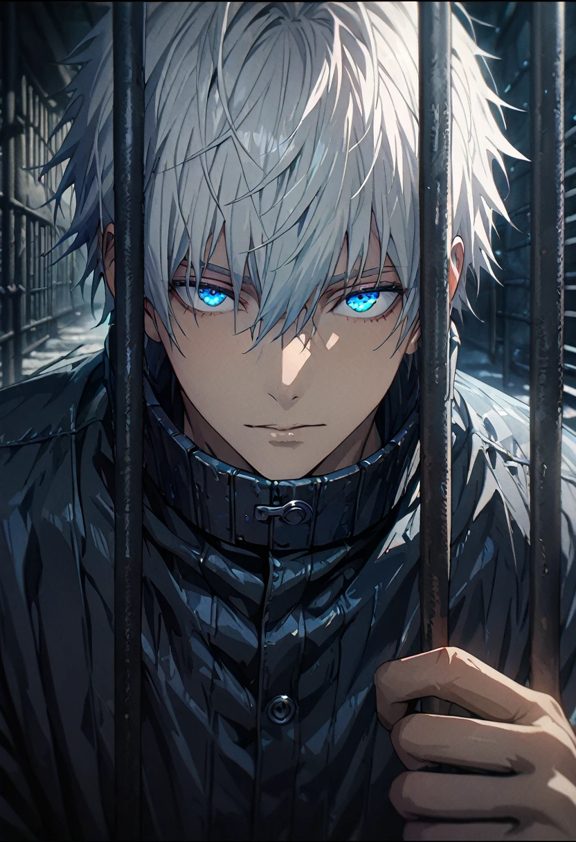 1.5, best quality, high quality, High definition, High quality texture, high detail, beautiful detailed, finely detailed, extremely detailed cg, detailed texture, 1man, boy, male, ((prison)), jumpsuit, white hair, icy blue eyes