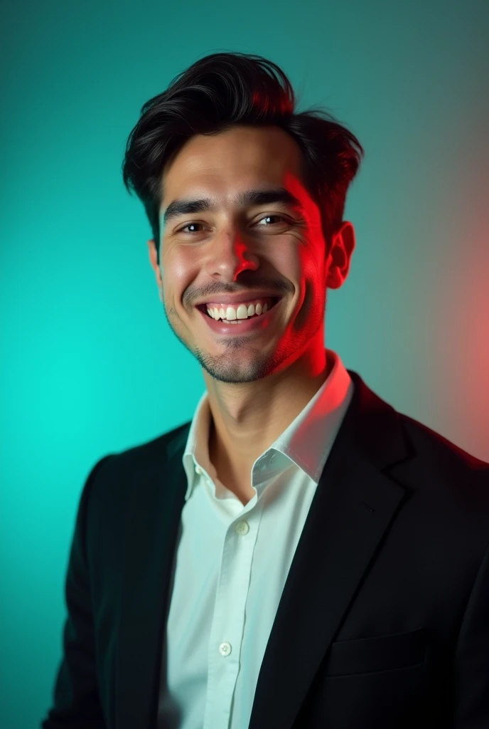A young man with dark hair black the bread and a confident smile. He is dressed in a black blazer over a white shirt. The man is positioned against aqua colour backdrop with a subtle red lighting on the left side. and he posing for Linkedin profile