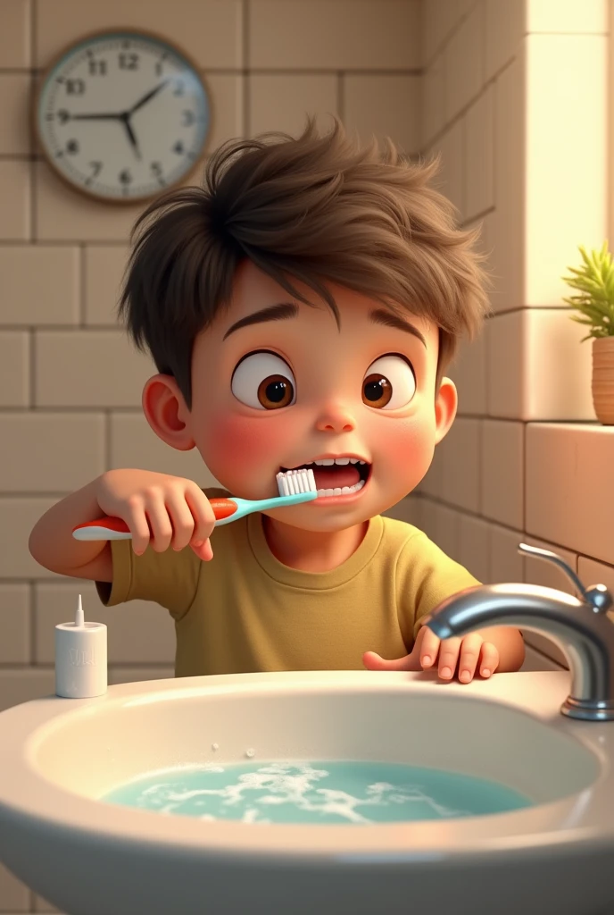 A toothbrush and toothpaste, an eight-year-old boy brushing his teeth