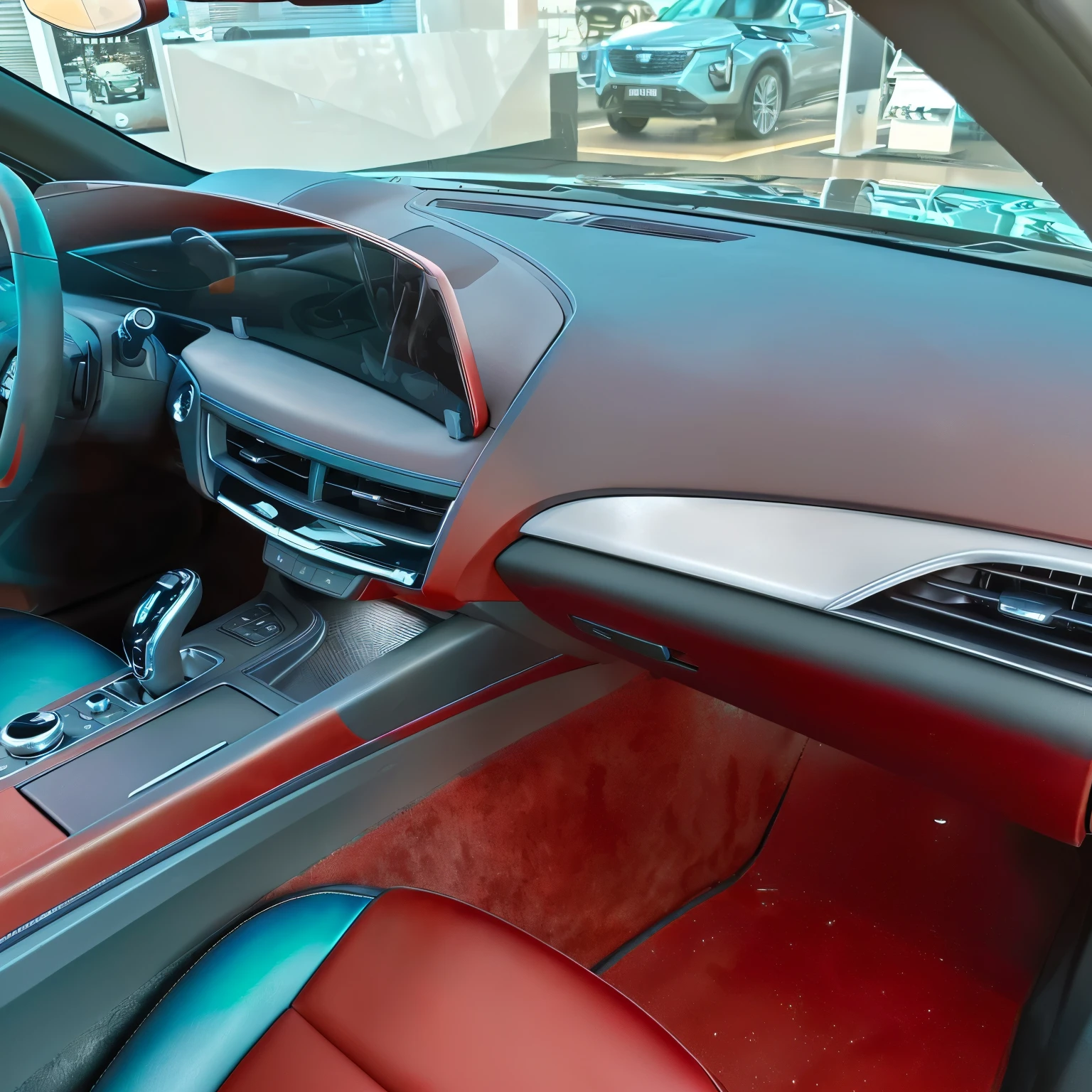 Front view of car dashboard and steering wheel, Car interior, Leather interior, Perfect details, Chrome decoration, Glowing internal components, the console is tall and imposing, Car panorama, Highly detailed interior, leather paddings, red Leather interior, 2 0 % pearlescent detailing, Look at that detail!Light blue interior,