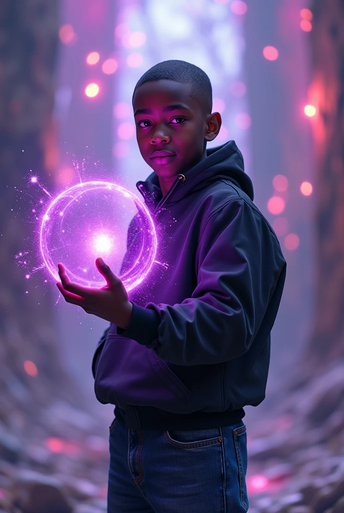 (prismatic coloration, holographic environment) A short young African-American man with a deep, rich brown skin tone. He has a buzz-cut haircut & is wearing wearing A Black Jacket & dark blue Jeans. He has calm Purple eyes and a Gentle smile. He is standing in a battle ready stance wielding an deep purple & Black energy bubble made of Void