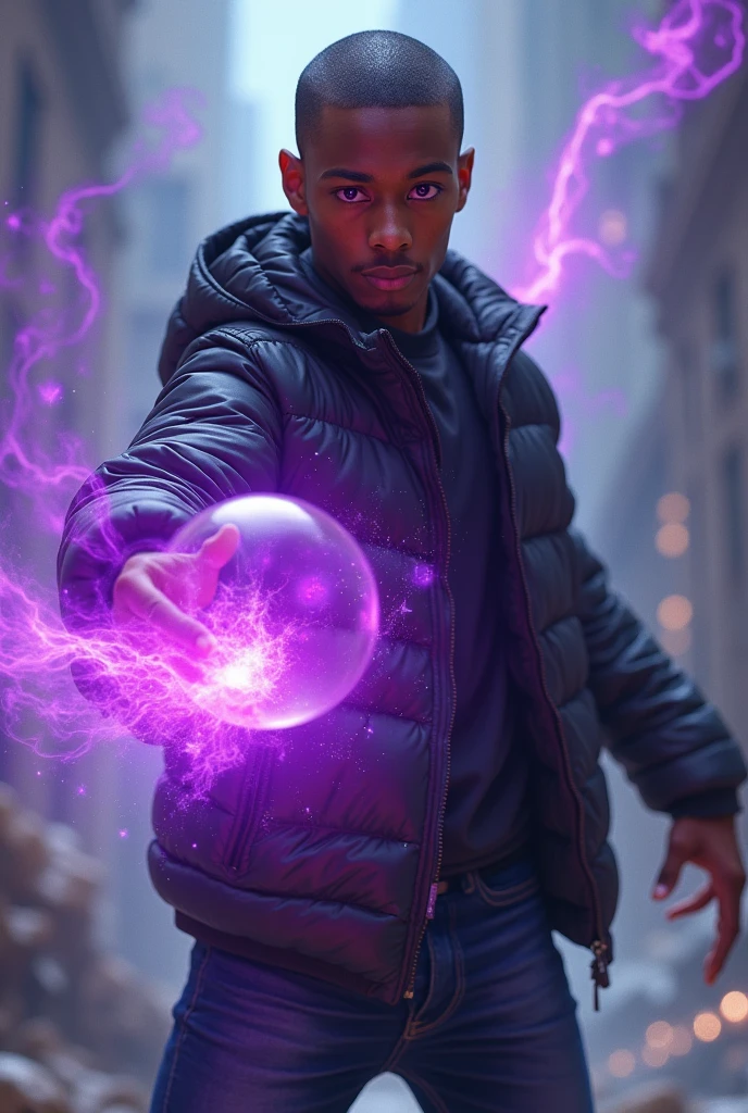(prismatic coloration, holographic environment) A short young African-American man with a deep, rich brown skin tone. He has a buzz-cut haircut & is wearing wearing A Black Jacket & dark blue Jeans. He has calm Purple eyes and a Gentle smile. He is standing in a battle ready stance wielding an deep purple & Black energy bubble made of Void
