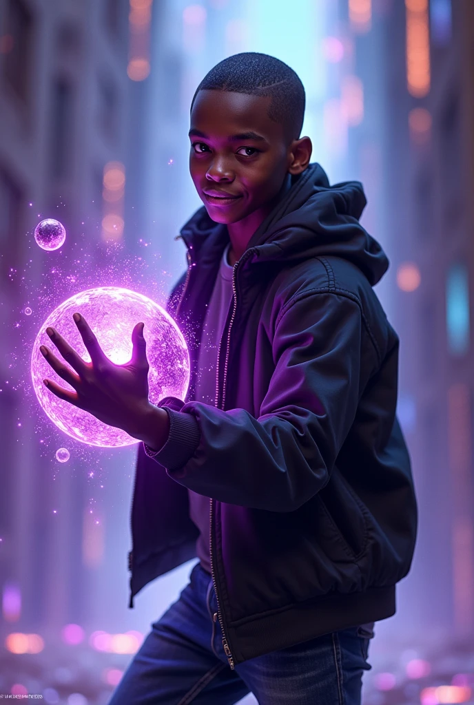 (prismatic coloration, holographic environment) A short young African-American man with a deep, rich brown skin tone. He has a buzz-cut haircut & is wearing wearing A Black Jacket & dark blue Jeans. He has calm Purple eyes and a Gentle smile. He is standing in a battle ready stance wielding an deep purple & Black energy bubble made of Void