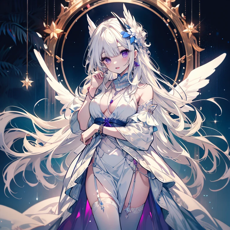 1 person、Mature、Ample breasts、Long Hair、White Hair、Straight hair、Trimmed bangs、White skin、Purple Eyes、Long eyelashes、White Dress、necklace、bracelet、Jewelry decoration、Ballerina Decoration、in the forest、Night Forest、mysterious、Earrings、Angel Wings、Fleeting、Transparency、Diva、Open Mouth、Diva、Blue light、Garter on the thigh、High resolution、Highest quality