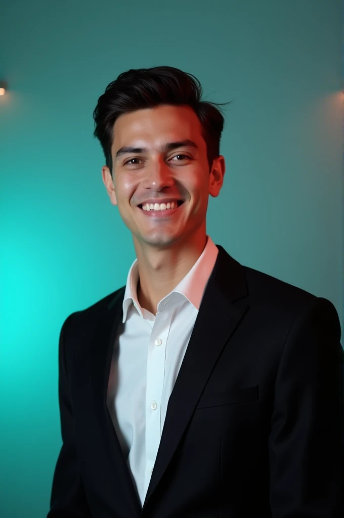 A young man with dark hair and a confident smile. He is dressed in a black blazer over a white shirt.The man is positioned Against Aqua colour backdrop with a subtle red lighting on the left side. And he posting for LinkedIn profile