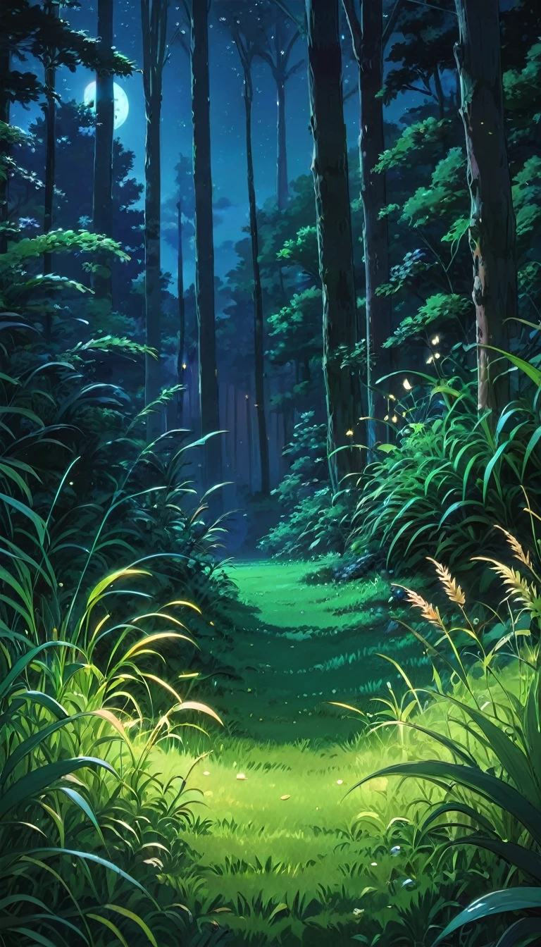 Close-up of lush grass at night in a deep forest,Studio Ghibli Style,unmanned