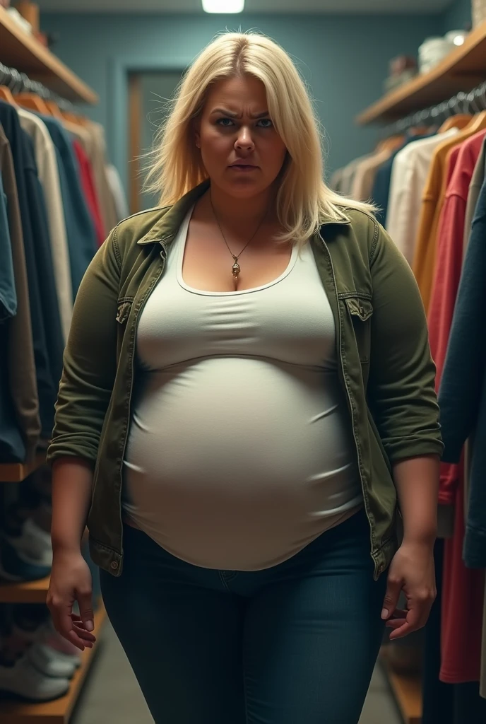 angry, pregnant female, big belly, overweight, blond hair, clothing shop