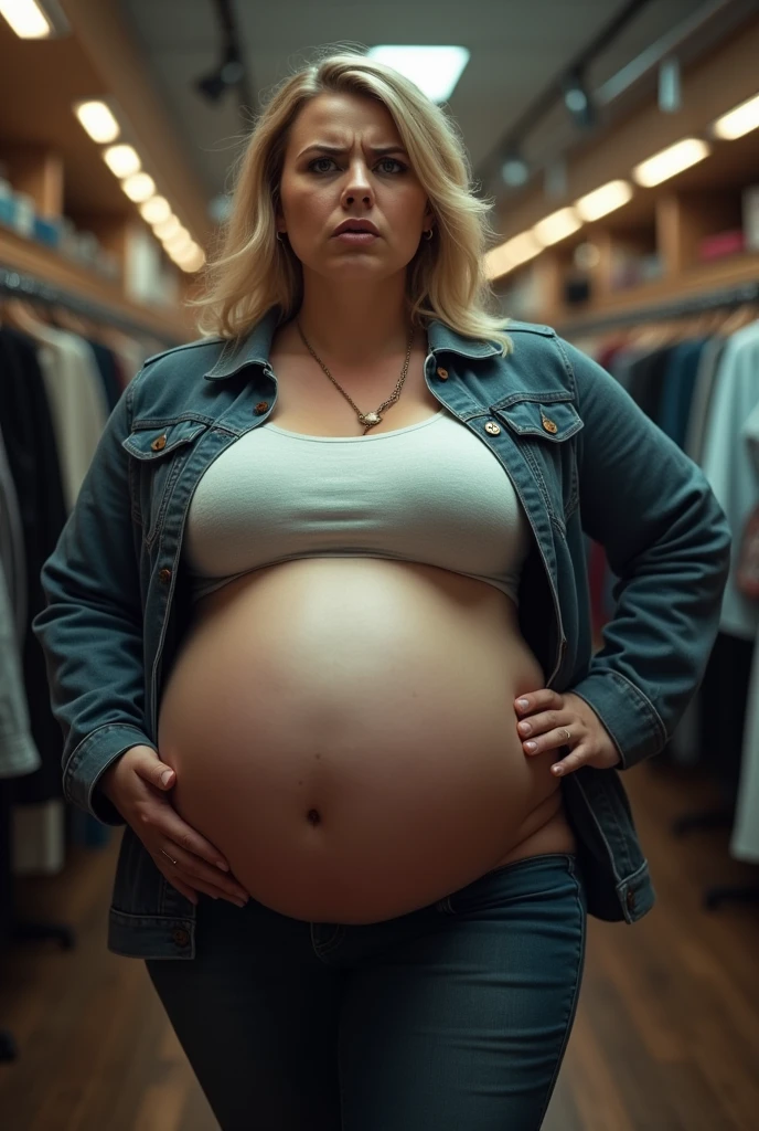 angry, pregnant female, big belly, overweight, blond hair, clothing shop