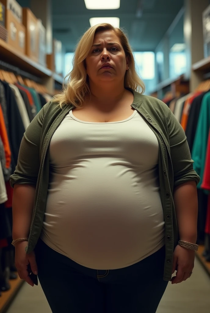 angry, pregnant female, big belly, overweight, blond hair, clothing shop