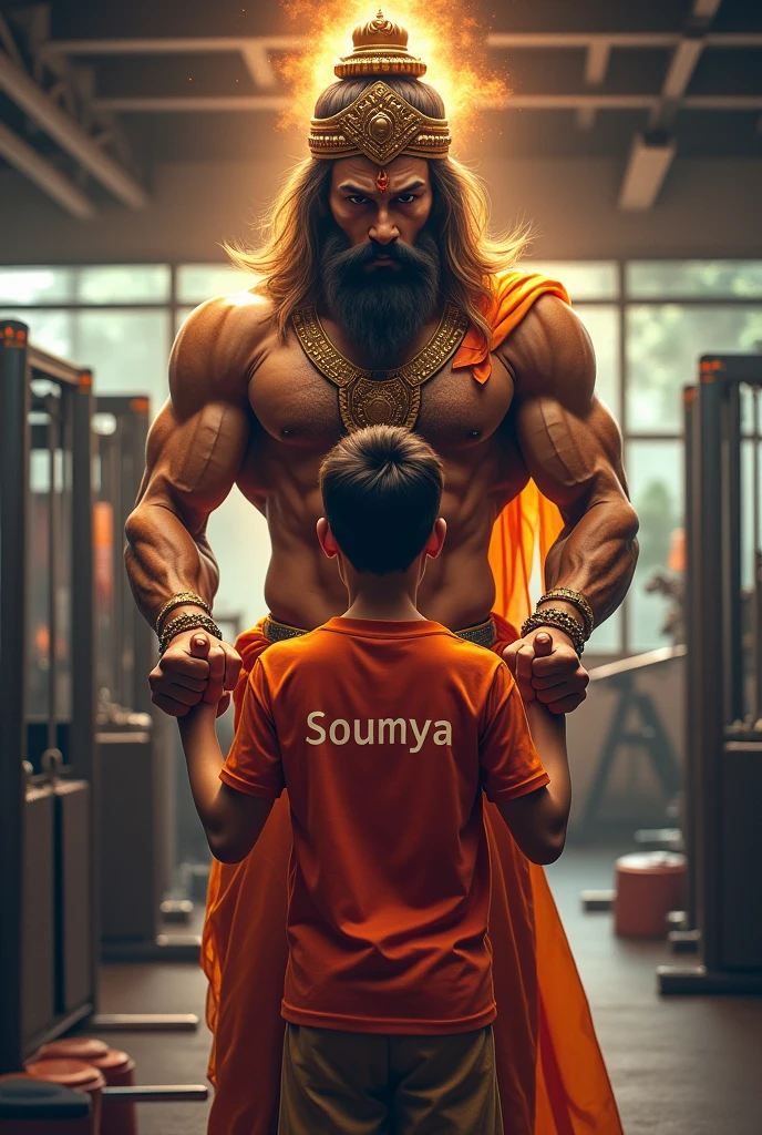  Lord Bajrangbali Hanumanji helping a boy in gym and soumya is written on the back of tshirt wich the boy has worn 