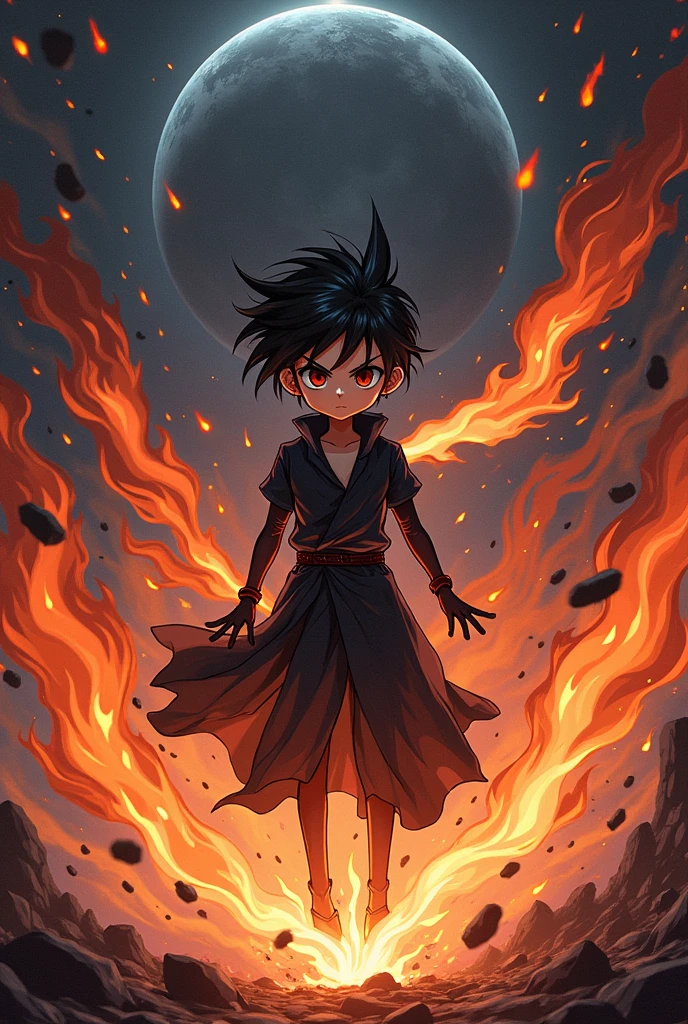 Create an image of an anime god looking like a boy with horns coming out of his forehead with a black flame with black eyes and destroying a planet with black flames 