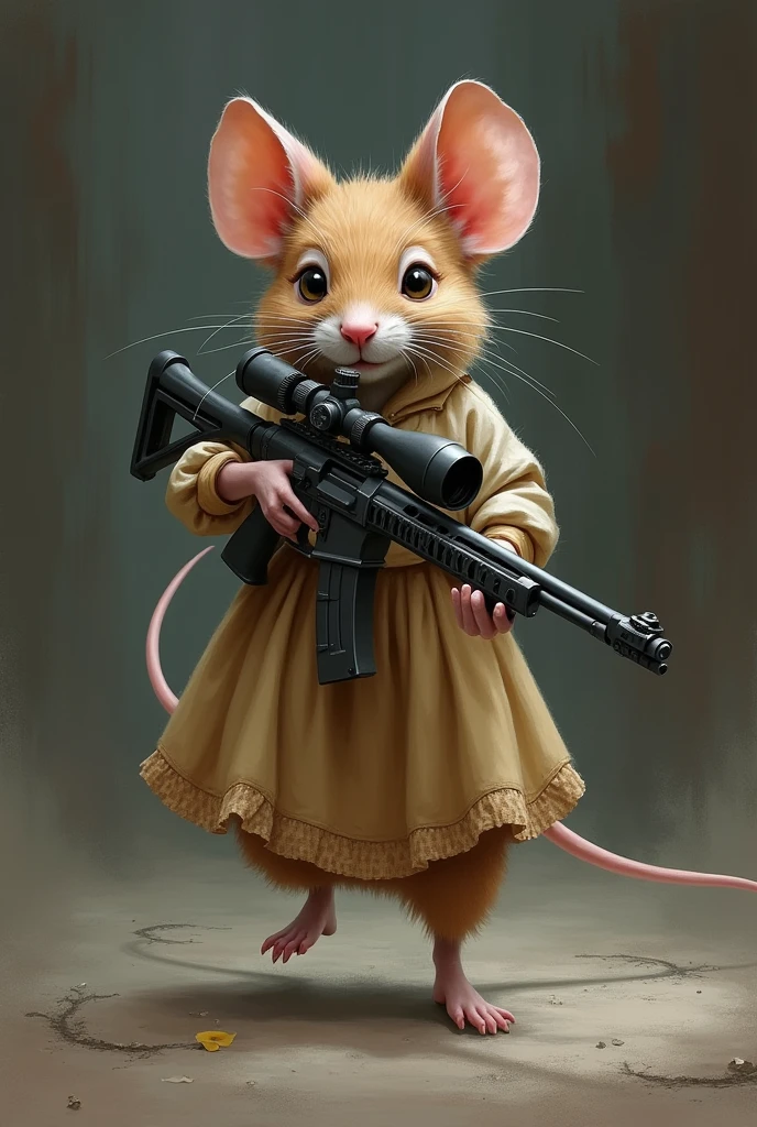 Mouse walkin in stylish way with shoulder dress and with sniper looking very dangerous killing enemy's