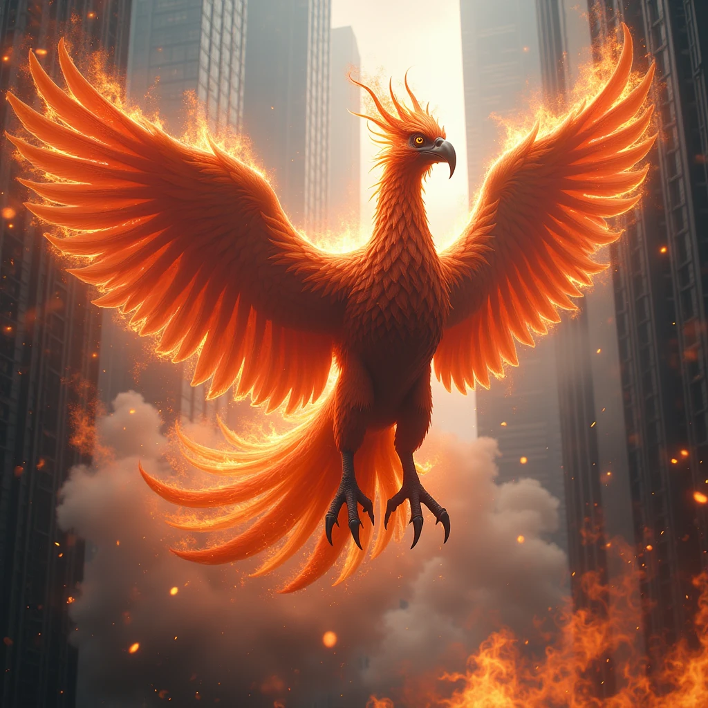 The mysterious and giant phoenix、Detailed burning flame bird、Detailed rainbow flames、Sharp and detailed claws、Thick, detailed legs、Detailed large wings、Exquisite detail、Dramatic lighting、Cinematic pose、Majestic wings spread、Burning embers、Swirling smoke、Vibrant colors、Solemn、peacefulness、Appearing in a Skyscraper、(best quality,4K,8k,highres,masterpiece:1.2),ultra-detailed,(realistic,photorealistic,photo-realistic:1.37),cinematic,dramatic lighting,vivid colors,ornate,highly detailed phoenix,intense fire effects,dramatic angles,sweeping wingspan,powerful presence