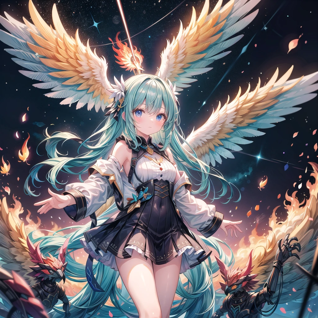 "Depict a soft watercolor scene of a girl conducting an orchestra of mechanical and organic phoenix-like creatures. Her hair flows like musical notes made of fire and stardust, each strand connecting to a different creature in a symphony of rebirth and innovation." theme: Creative Harmony