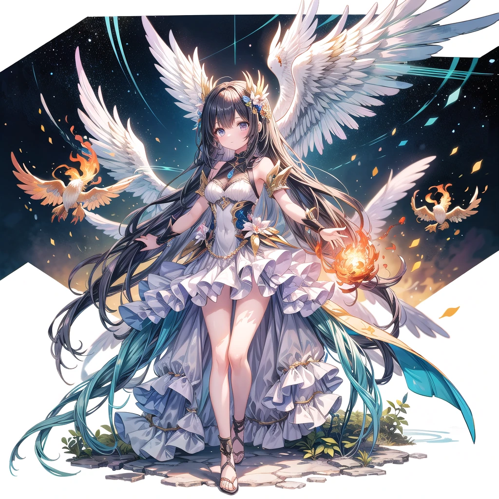 "Depict a soft watercolor scene of a girl conducting an orchestra of mechanical and organic phoenix-like creatures. Her hair flows like musical notes made of fire and stardust, each strand connecting to a different creature in a symphony of rebirth and innovation." theme: Creative Harmony