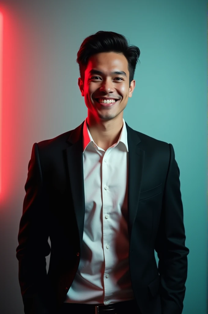 A young man with dark hair and a confident smile. He is dressed in a black blazer over a white shirt.The man is positioned Against Aqua colour backdrop with a subtle red lighting on the left side. And he posting for LinkedIn profile