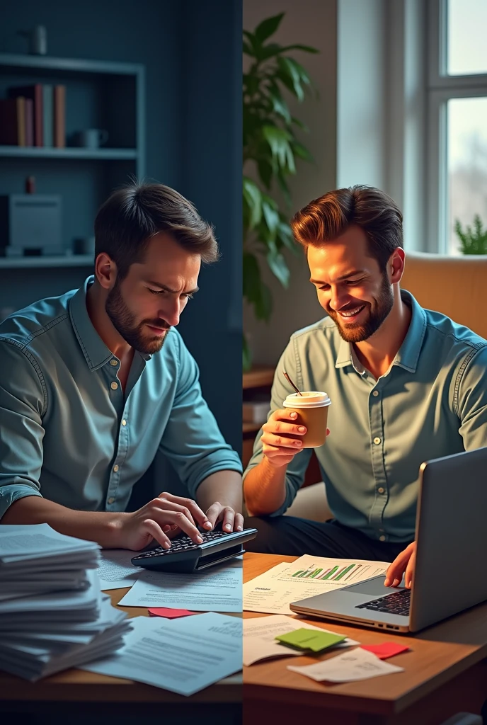 A man calculating taxes and a man who outsourced it and saving money