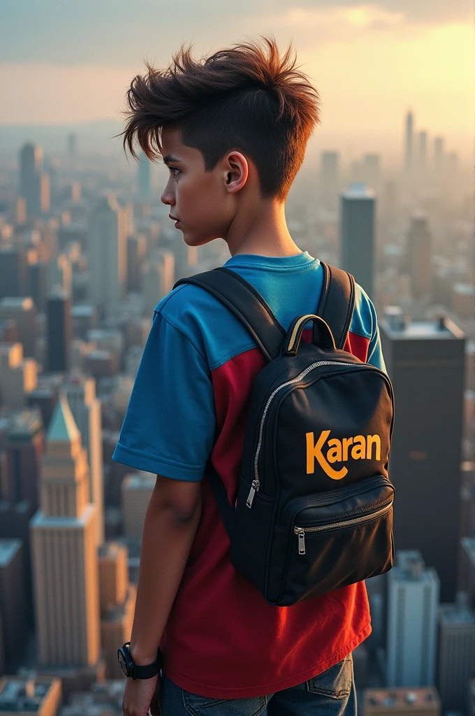 A 15 year boy wearing Hip Hop Bundle at the back of the shirt it should be written Karan. And the boy is standing on the top of the building
