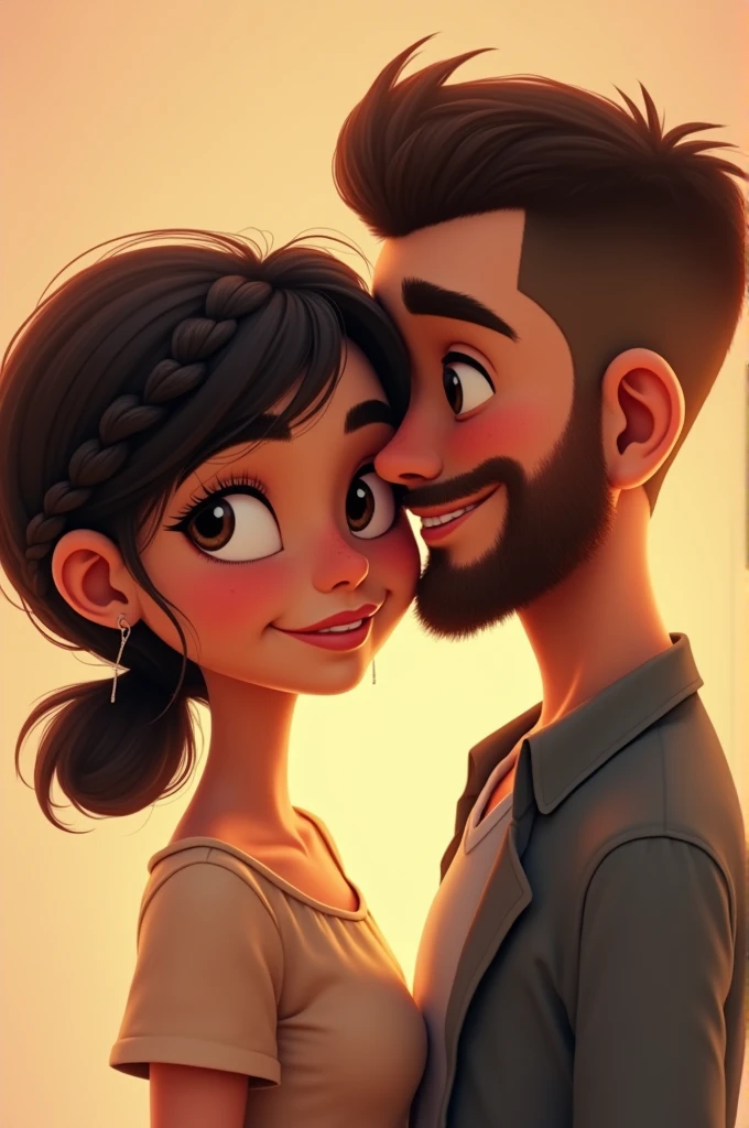 Illustrates in Disney Pixar style a couple that only see each other from the torso up. The girl has a slightly dark complexion, short hair above her shoulders and a braid falls over her face., The nose is a little flat and has a very subtle mole between his nose and his lips, she is very beautiful, The boy is next to her, very close to her, he has a short beard, he is smiling and his hair is very short, shaved on top, and they both look forward.