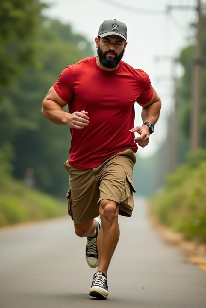 Muscular man wearing a shirt with long shorts Long loose shorts With pockets on the sides with converse sneakers red T-shirt and brown shorts Long short, Normal musculature With beard and baseball cap Realistic musculature It moves so fast that it becomes blurry